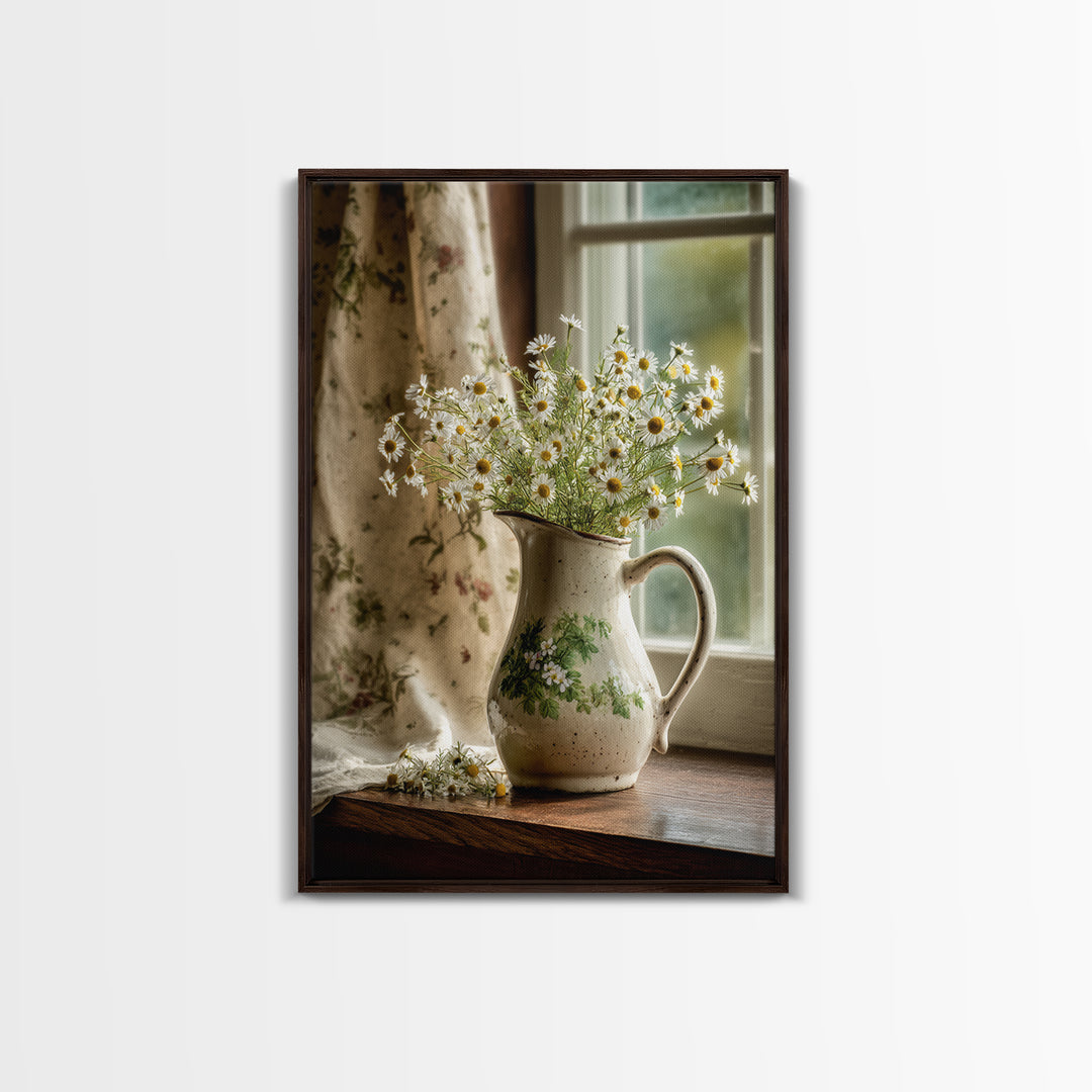 Country Wildflowers in a Chipped Ceramic Pitcher Framed Canvas Print, Bed and Breakfast Art, Living Room Decor, Fine Art, BAB-2x3-33