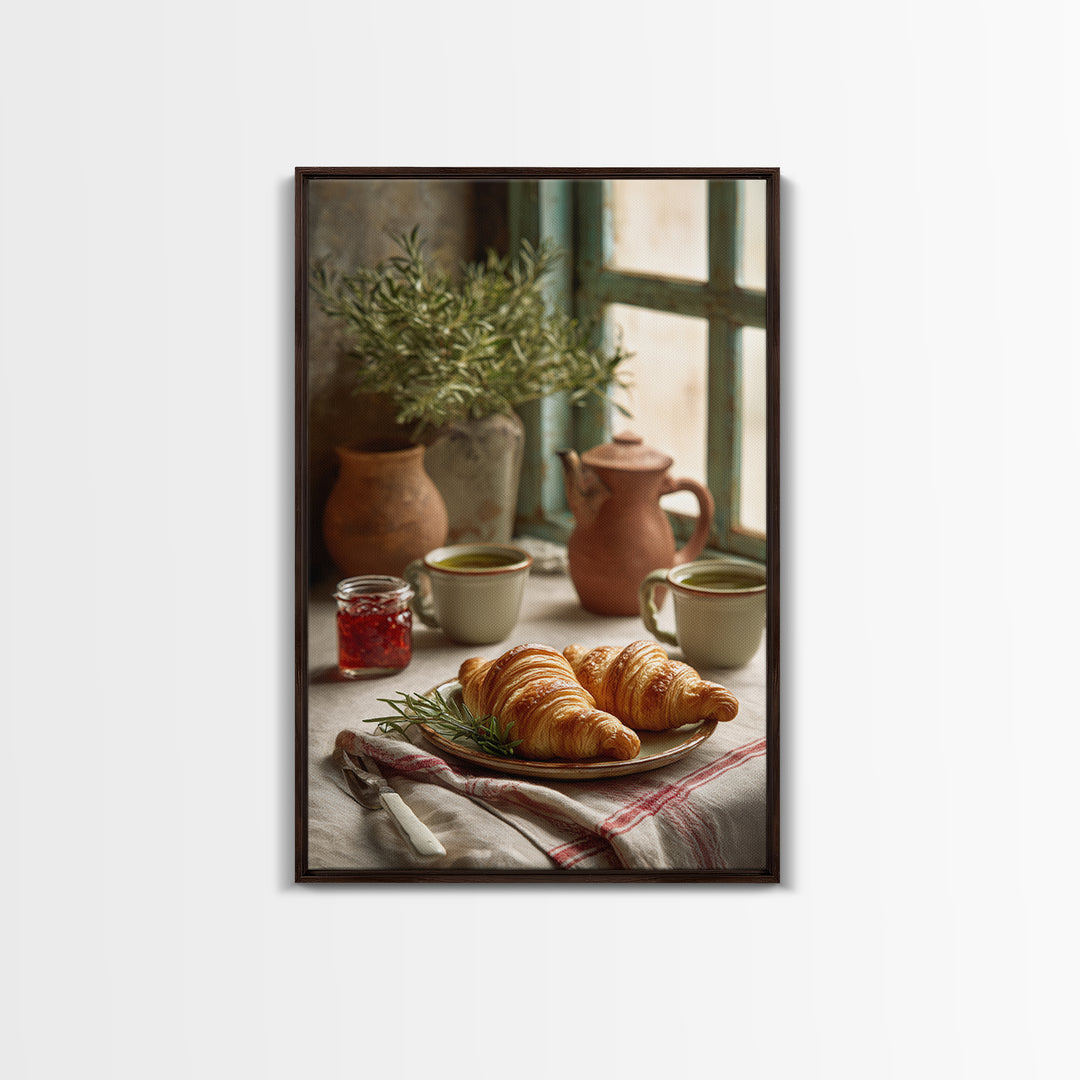 Fresh Croissants and Jam on a Linen Framed Canvas Print, Bed and Breakfast Art, Print, Living Room Decor, Abstract Art, BAB-2x3-34