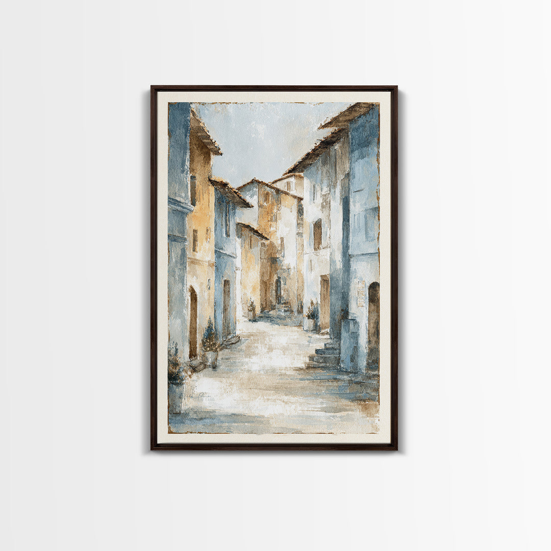 Soft Watercolor Village Street at Dawn Framed Canvas Print, Bed and Breakfast Art, Abstract Art, Living Room Decor, Fine Art, BAB-2x3-37