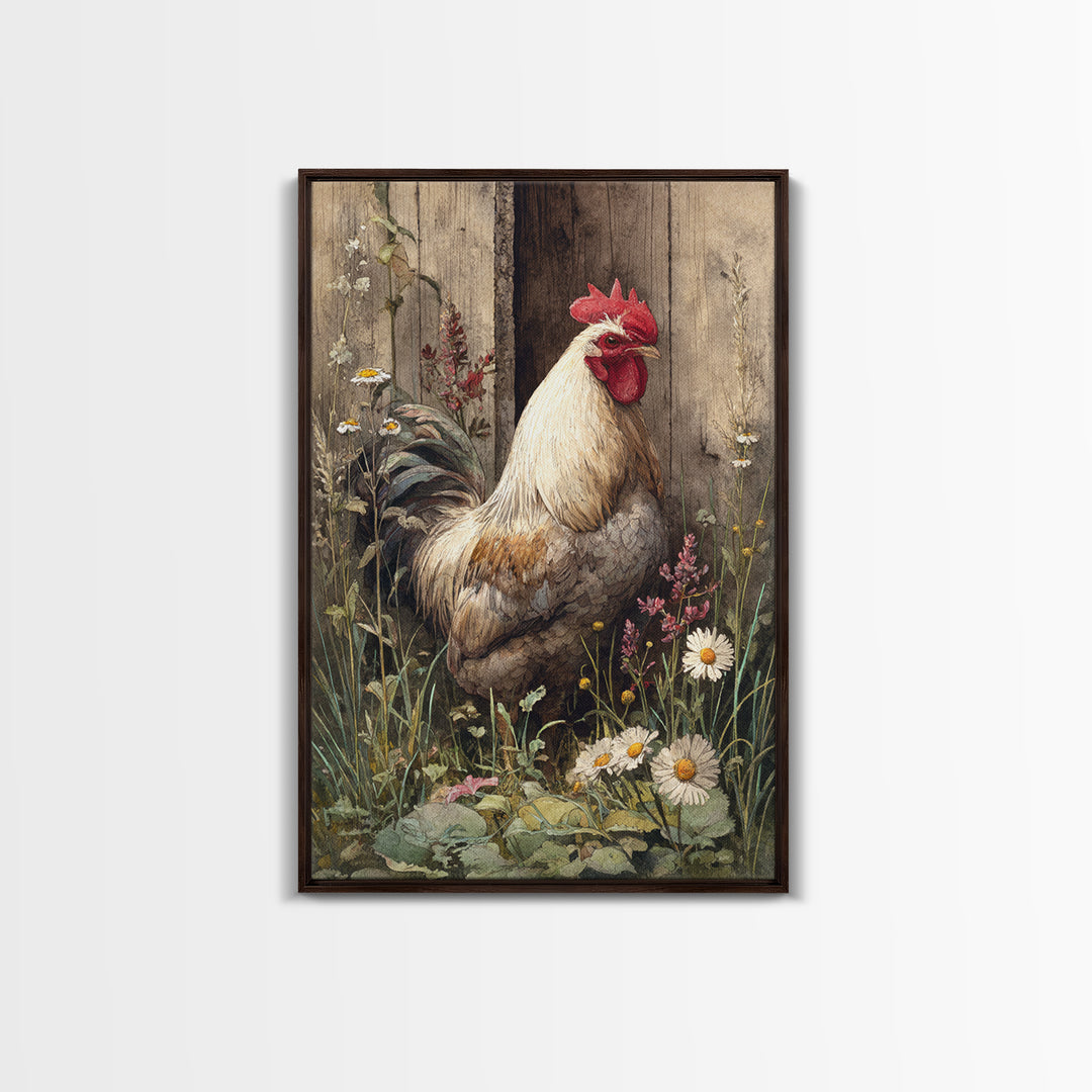 Rooster and Wildflower Country Portrait Framed Canvas Print, Bed and Breakfast Art, Digital Art, Living Room Decor, Fine Art, BAB-2x3-51