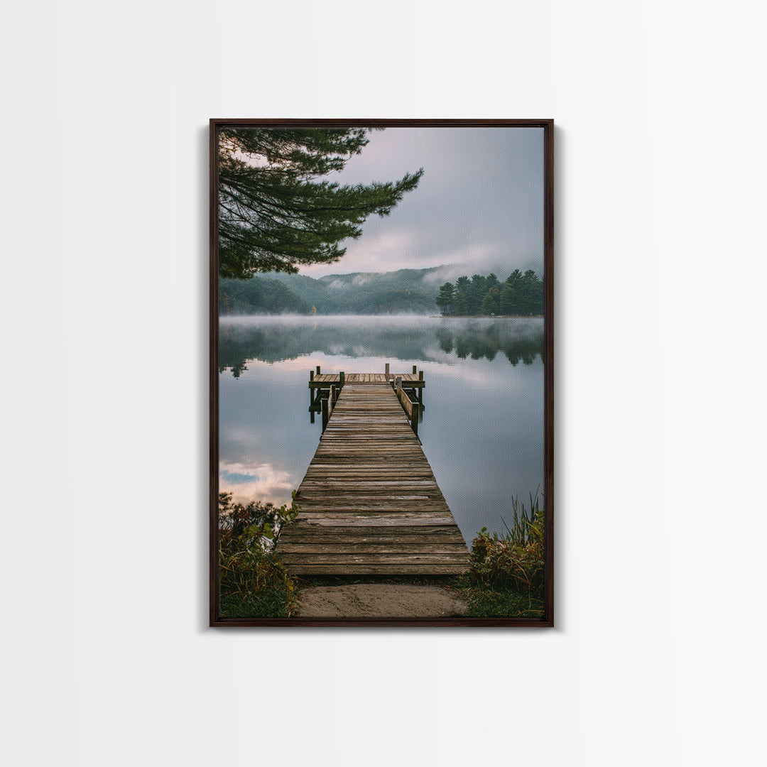Quiet Lake Dock at Early Morning Framed Canvas Print, Bed and Breakfast Art, Minimalist Decor, Living Room Decor, Oil Painting, BAB-2x3-6