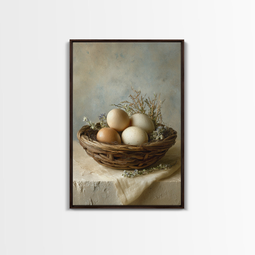 Fresh Eggs in a Woven Basket with Canvas Print, Bed and Breakfast Art, Bedroom Decor, Living Room Decor, Abstract Art, BAB-2x3-62