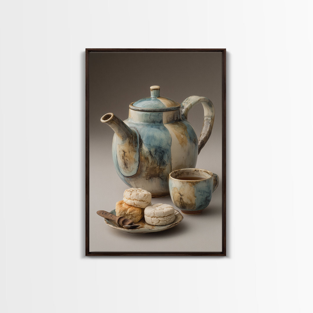 Porcelain Teapot and Scones Framed Canvas Print, Bed and Breakfast Art, Bed, Living Room Decor, Fine Art, Rustic Home Decor, BAB-2x3-68