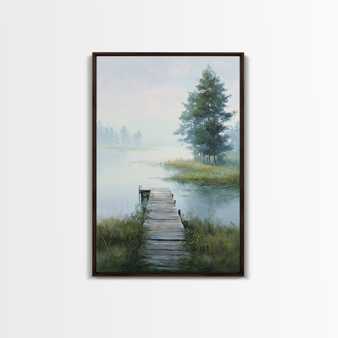 Quiet Lake Dock at Early Morning Framed Canvas Print, Bed and Breakfast Art, Canvas Wall Art, Living Room Decor, Fine Art, BAB-2x3-78