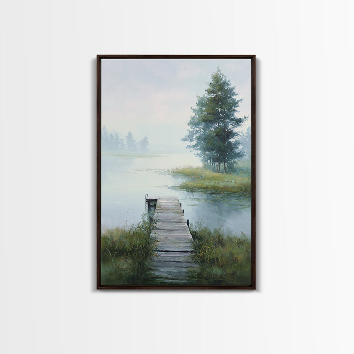 Quiet Lake Dock at Early Morning Framed Canvas Print, Bed and Breakfast Art, Canvas Wall Art, Living Room Decor, Fine Art, BAB-2x3-78