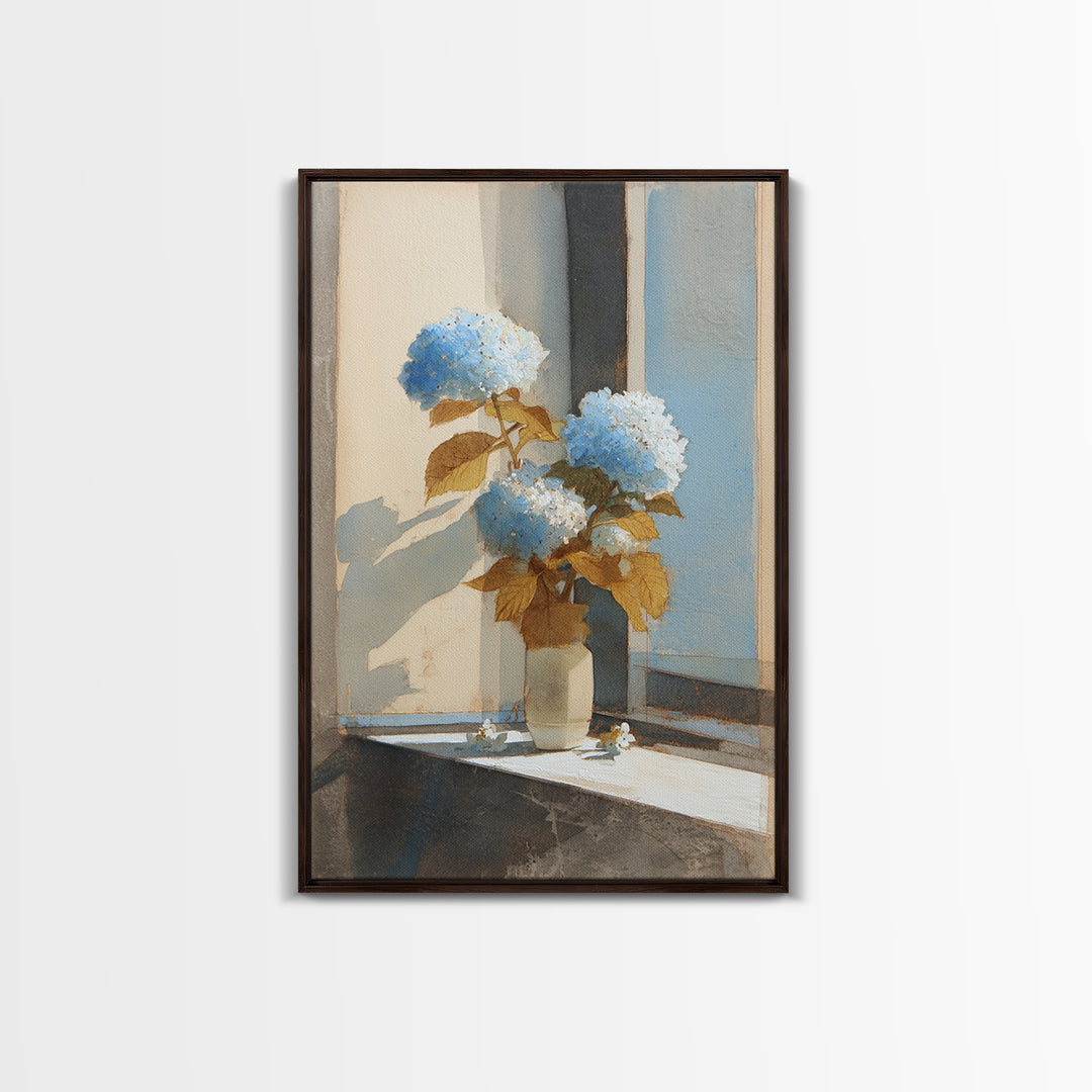 Sunlit Hydrangeas on a Windowsill Framed Canvas Print, Bed and Breakfast Art, Wood Wall Art, Living Room Decor, Fine Art, BAB-2x3-90