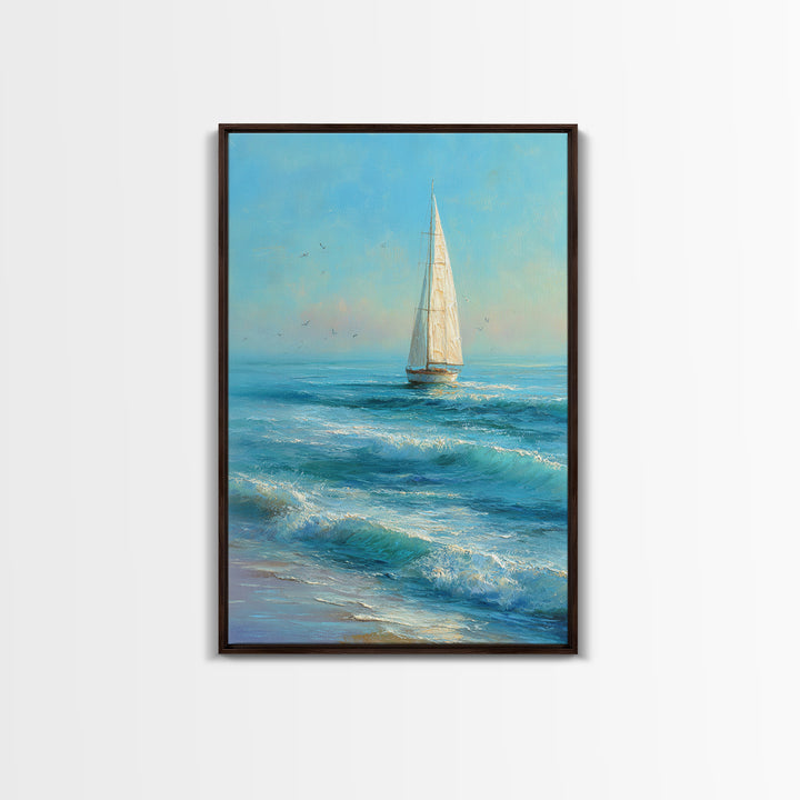 Coastal Inn Sailboat at Sunrise Framed Canvas Print, Bed and Breakfast Art, Bedroom Wall Art, Living Room Decor, Fine Art, BAB-2x3-97
