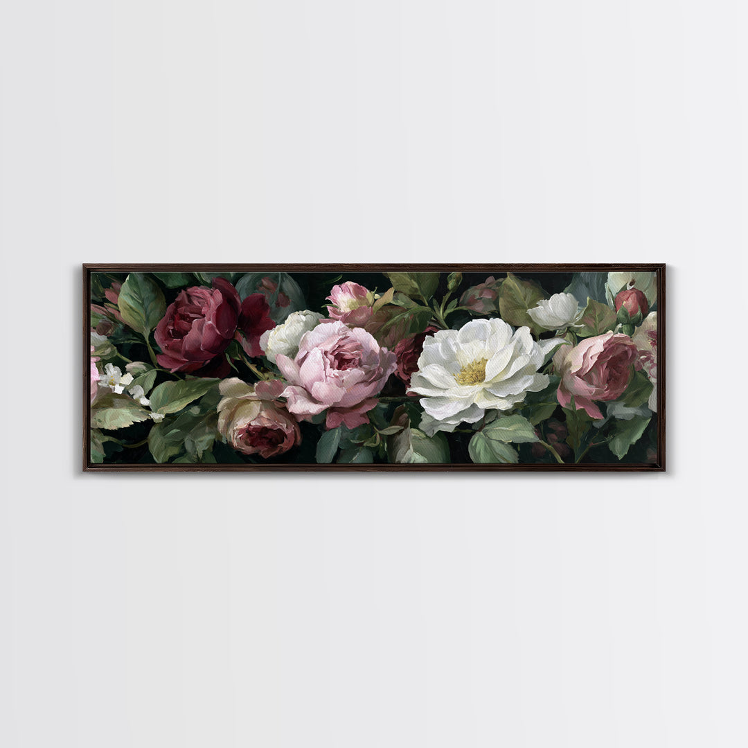 Garden Roses in Romantic Oil Paint Canvas Print, Bed and Breakfast Art, Bed, Living Room Decor, Oil Painting, BAB-3x1-13