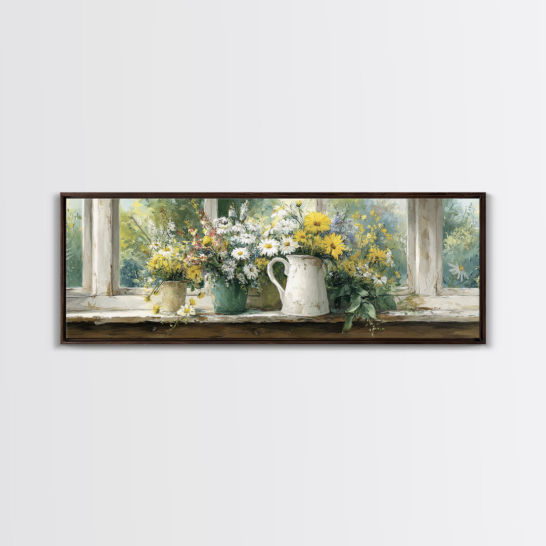 Country Wildflowers in a Chipped Ceramic Pitcher Canvas Print, Bed and Breakfast Art, Trendy Wall Art, Living Room Decor, BAB-3x1-17