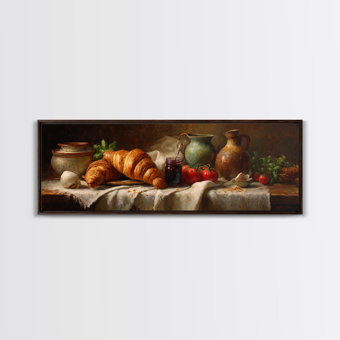 Fresh Croissants and Jam on a Linen Framed Canvas Print, Bed and Breakfast Art, Printable Art, Living Room Decor, Abstract Art, BAB-3x1-18