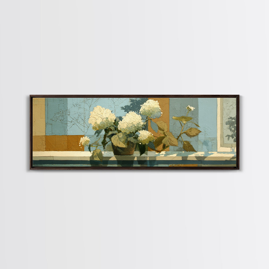 Sunlit Hydrangeas on a Windowsill Framed Canvas Print, Bed and Breakfast Art, Canvas Wall Art, Living Room Decor, Fine Art, BAB-3x1-2