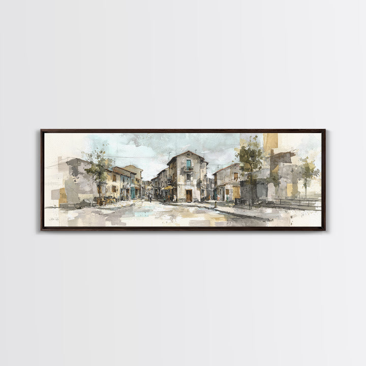 Soft Watercolor Village Street at Dawn Canvas Print, Bed and Breakfast Art, Farmhouse Wall Art, Living Room Decor, Fine Art, BAB-3x1-21