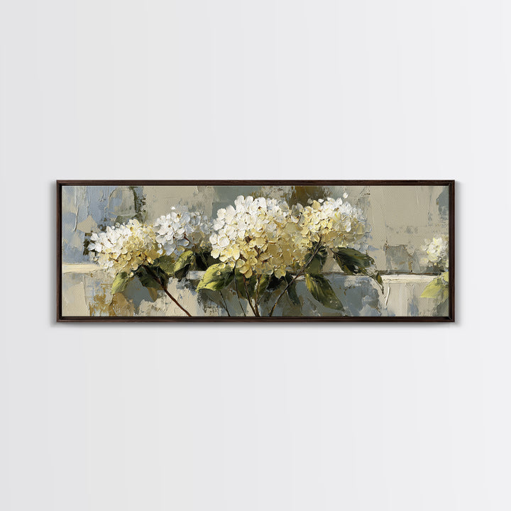 Sunlit Hydrangeas on a Windowsill Canvas Print, Bed and Breakfast Art, Living Room Decor, Watercolor Art, Folk Art, BAB-3x1-26