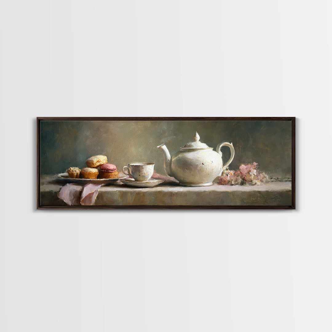 Porcelain Teapot and Scones Framed Canvas Print, Bed and Breakfast Art, Bedroom Art, Living Room Decor, Oil Painting, BAB-3x1-28