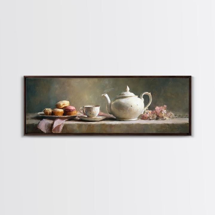 Porcelain Teapot and Scones Framed Canvas Print, Bed and Breakfast Art, Bedroom Art, Living Room Decor, Oil Painting, BAB-3x1-28