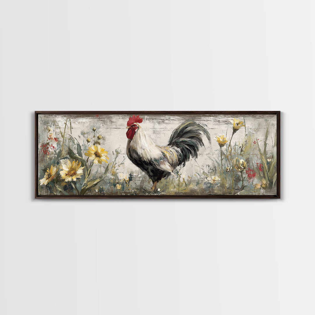 Rooster and Wildflower Country Portrait Canvas Print, Bed and Breakfast Art, Minimalist Decor, Living Room Decor, Oil Painting, BAB-3x1-35