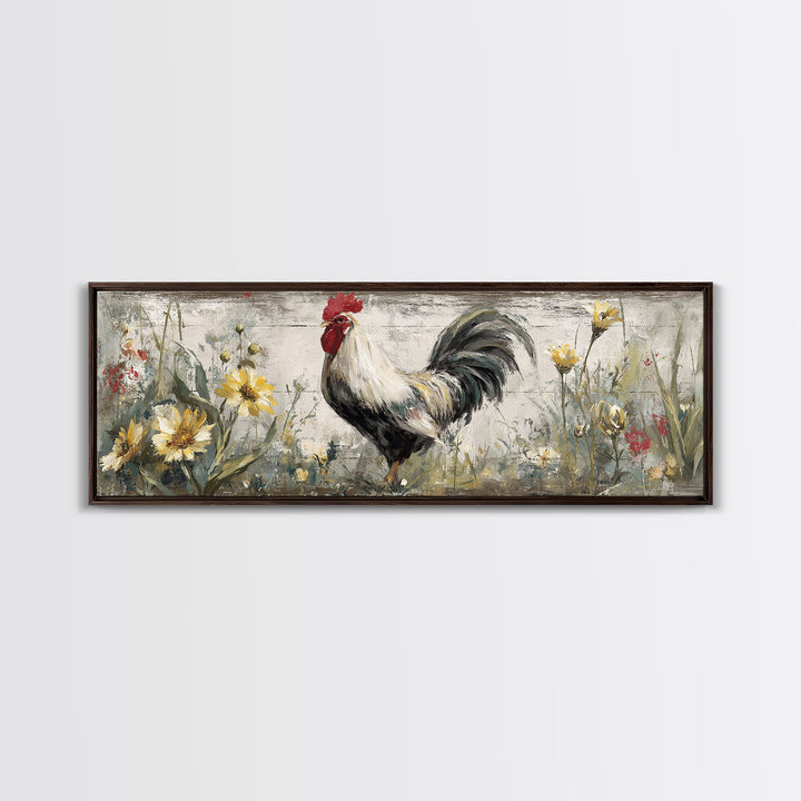Rooster and Wildflower Country Portrait Canvas Print, Bed and Breakfast Art, Minimalist Decor, Living Room Decor, Oil Painting, BAB-3x1-35