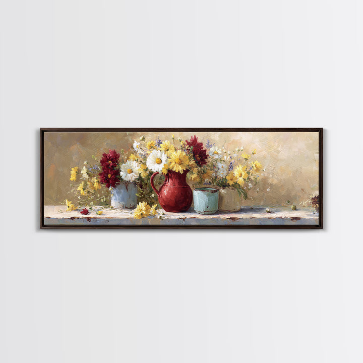 Country Wildflowers in a Chipped Ceramic Pitcher Canvas Print, Bed and Breakfast Art, Rustic Home Decor, Living Room Decor, BAB-3x1-41