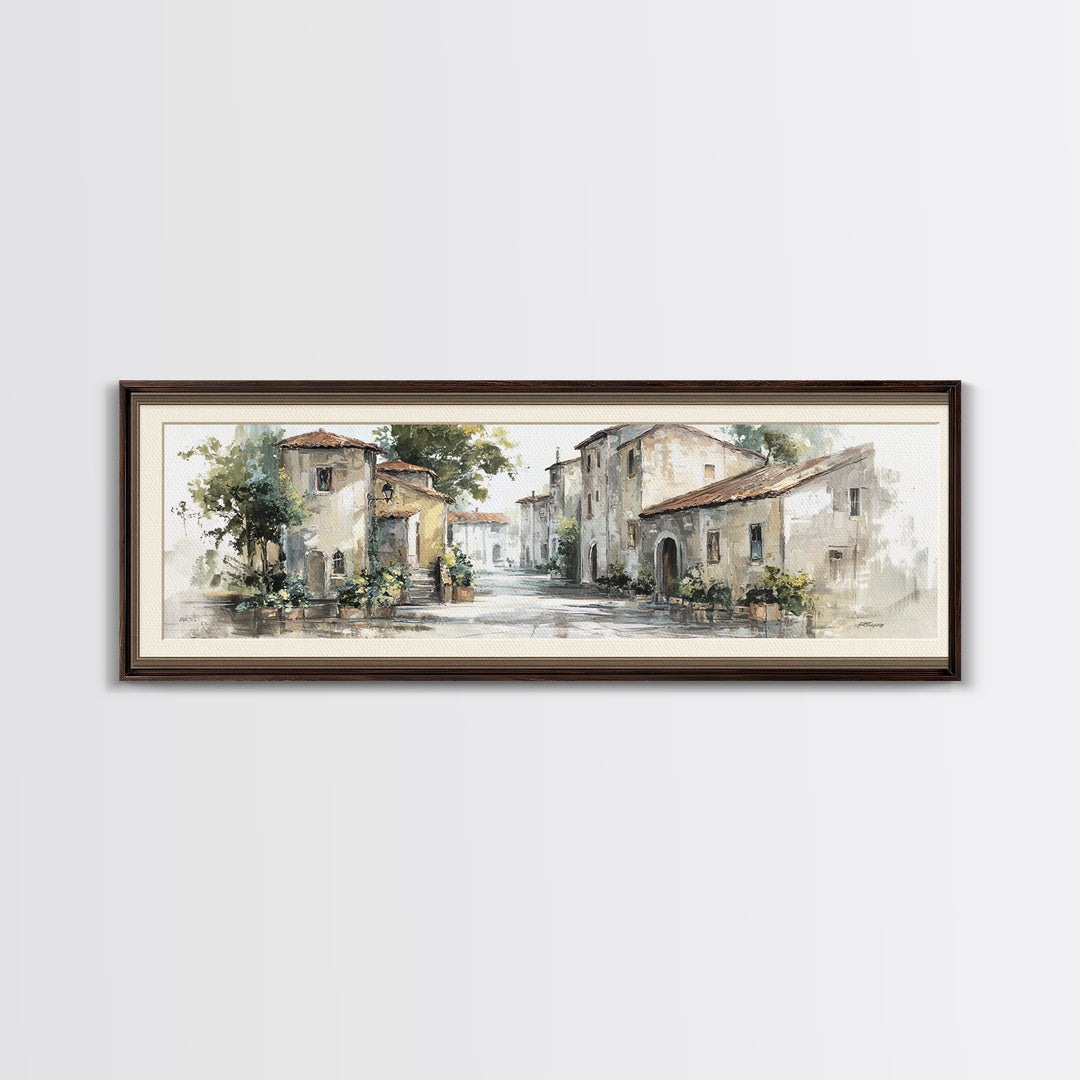 Soft Watercolor Village Street at Dawn Canvas Print, Bed and Breakfast Art, Farmhouse Wall Art, Living Room Decor, Fine Art, BAB-3x1-45