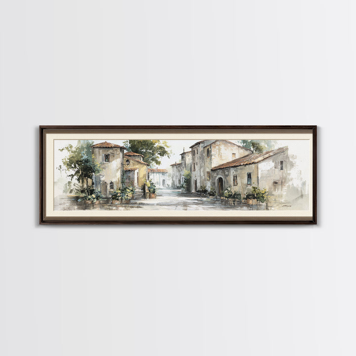 Soft Watercolor Village Street at Dawn Canvas Print, Bed and Breakfast Art, Farmhouse Wall Art, Living Room Decor, Fine Art, BAB-3x1-45