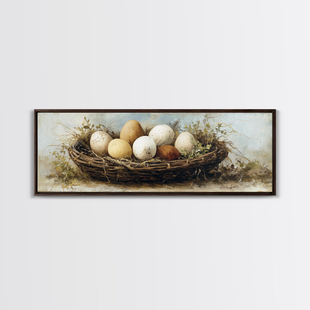 Fresh Eggs in a Woven Basket with Canvas Print, Bed and Breakfast Art, Bedroom Wall Decor, Living Room Decor, Fine Art, BAB-3x1-46