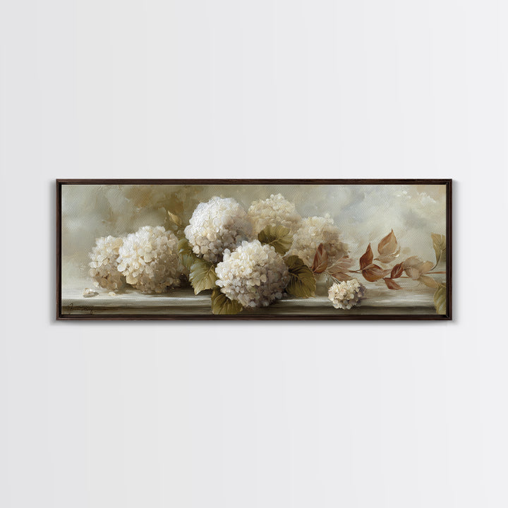 Sunlit Hydrangeas on a Windowsill Canvas Print, Bed and Breakfast Art, Living Room Decor, Watercolor Art, Folk Art, BAB-3x1-50