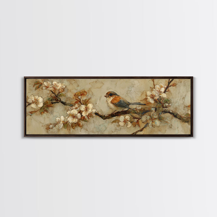 Small Bird on a Flowering Branch Canvas Print, Bed and Breakfast Art, Folk Art, Living Room Decor, Watercolor Art, BAB-3x1-54