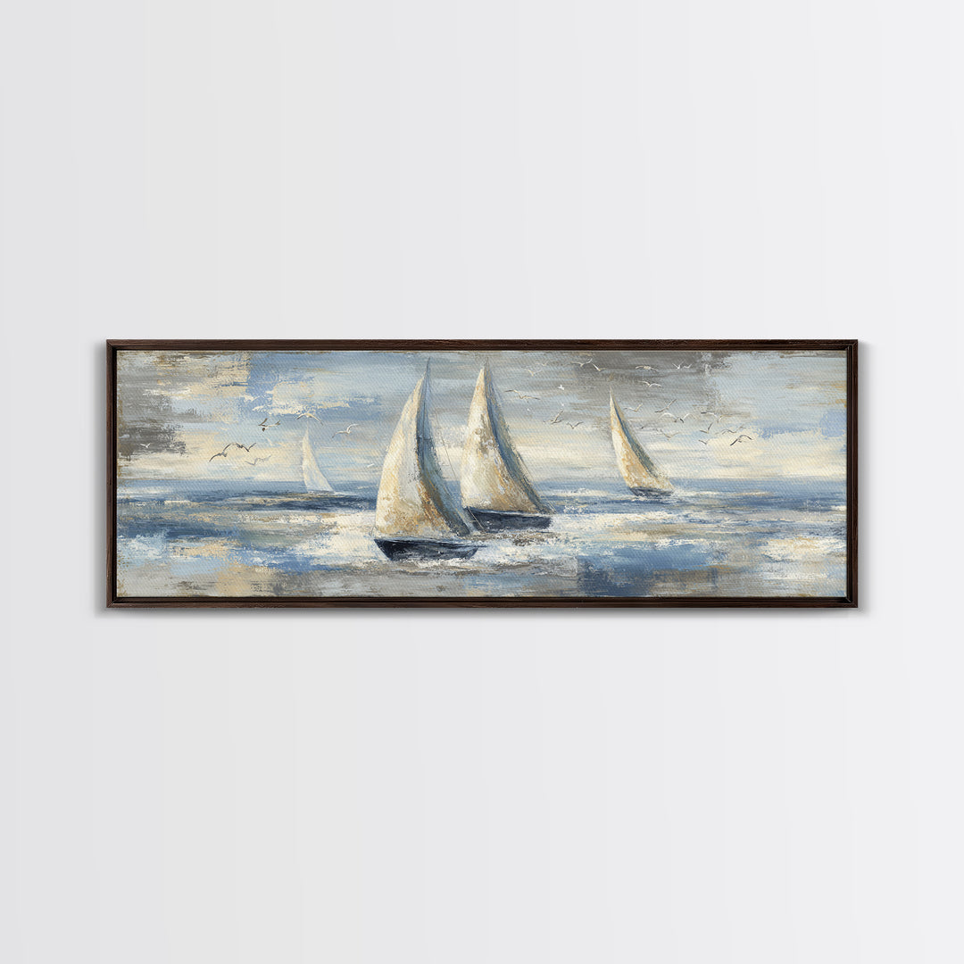 Coastal Inn Sailboat at Sunrise Framed Canvas Print, Bed and Breakfast Art, Folk Art, Living Room Decor, Fine Art, BAB-3x1-57