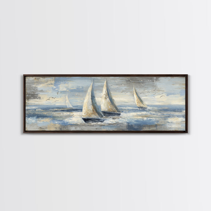 Coastal Inn Sailboat at Sunrise Framed Canvas Print, Bed and Breakfast Art, Folk Art, Living Room Decor, Fine Art, BAB-3x1-57
