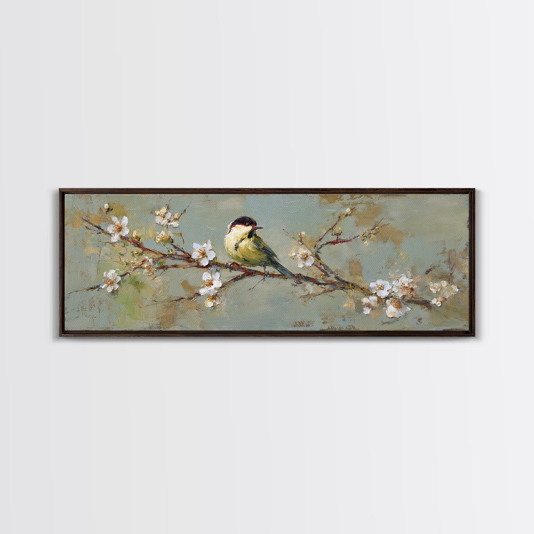 Small Bird on a Flowering Branch Canvas Print, Bed and Breakfast Art, Farmhouse Wall Art, Living Room Decor, Fine Art, BAB-3x1-6