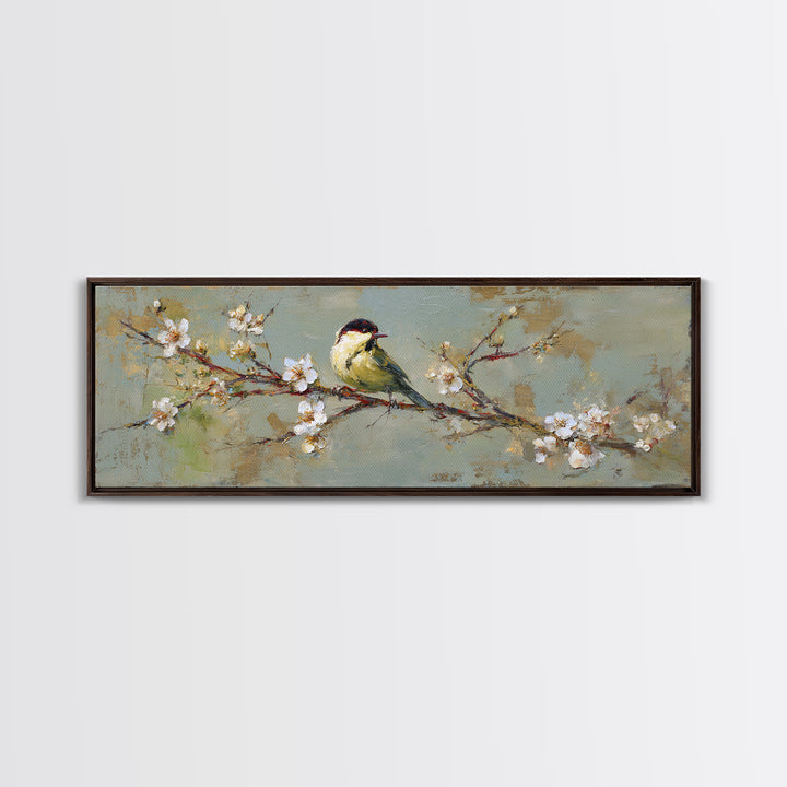 Small Bird on a Flowering Branch Canvas Print, Bed and Breakfast Art, Farmhouse Wall Art, Living Room Decor, Fine Art, BAB-3x1-6