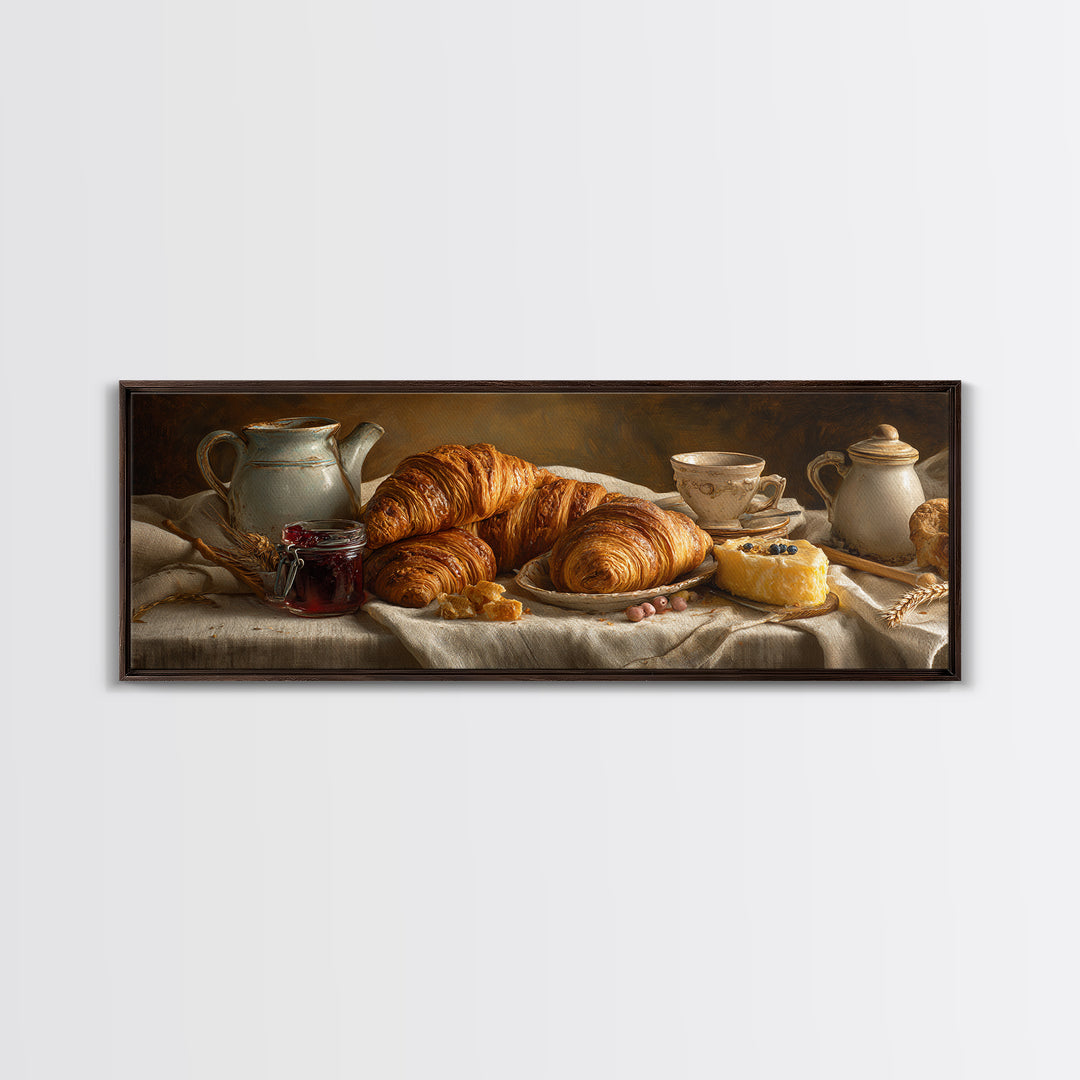 Fresh Croissants and Jam on a Linen Canvas Print, Bed and Breakfast Art, Bedroom Wall Art, Living Room Decor, Abstract Art, BAB-3x1-66