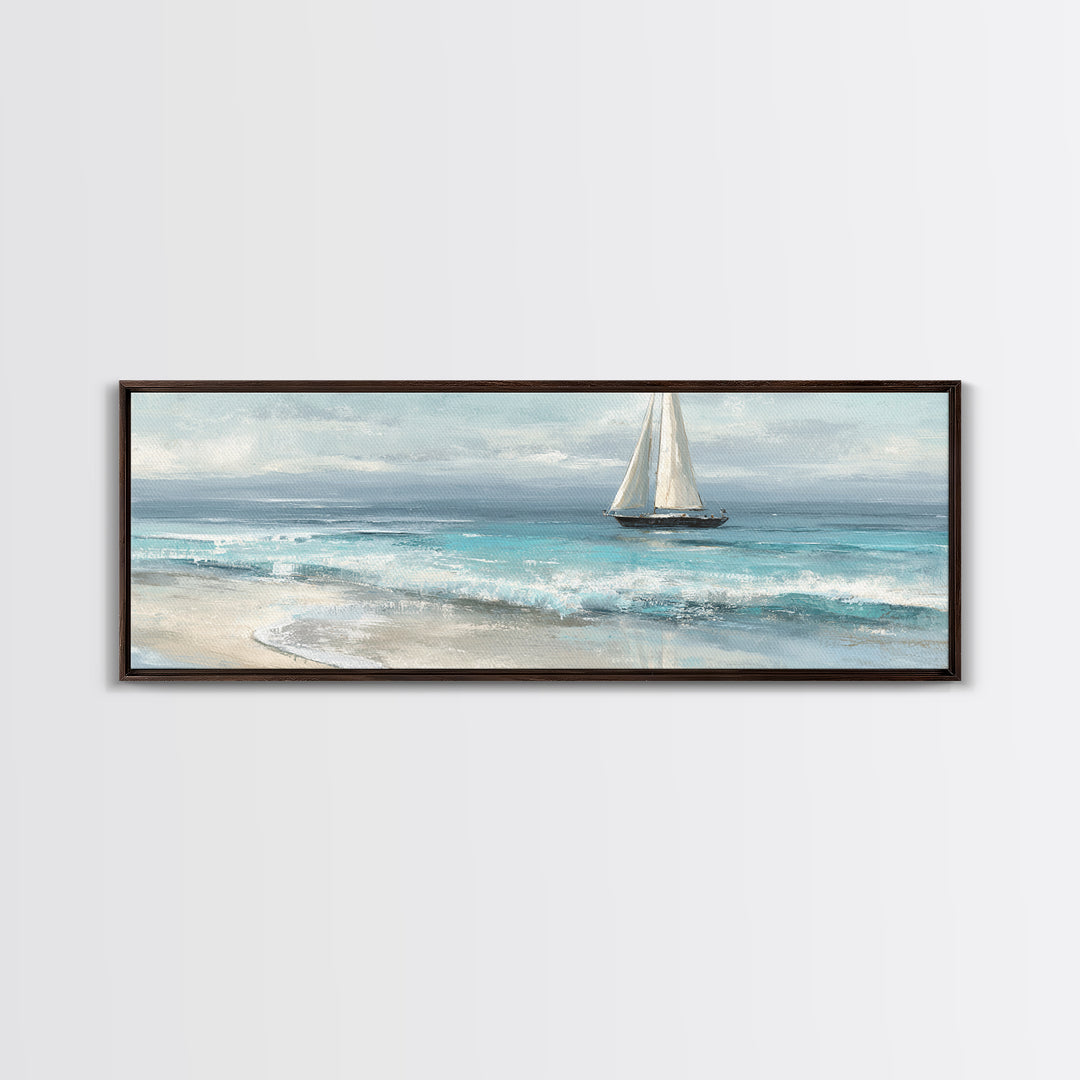 Coastal Inn Sailboat at Sunrise Framed Canvas Print, Bed and Breakfast Art, Folk Art, Living Room Decor, Fine Art, BAB-3x1-81