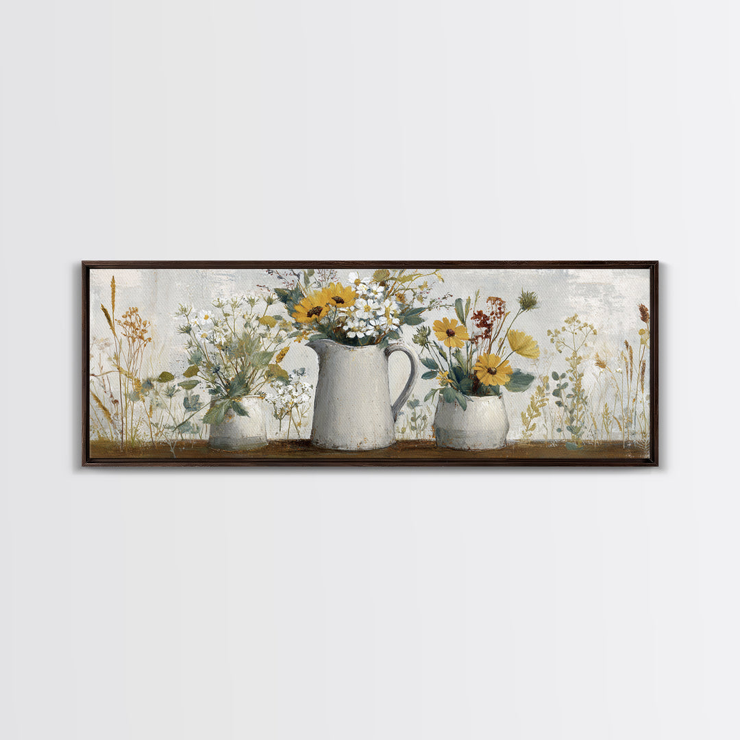 Country Wildflowers in a Chipped Ceramic Pitcher Canvas Print, Bed and Breakfast Art, Boho Decor, Living Room Decor, BAB-3x1-89