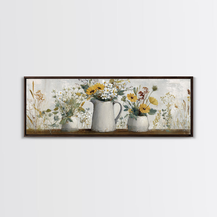 Country Wildflowers in a Chipped Ceramic Pitcher Canvas Print, Bed and Breakfast Art, Boho Decor, Living Room Decor, BAB-3x1-89