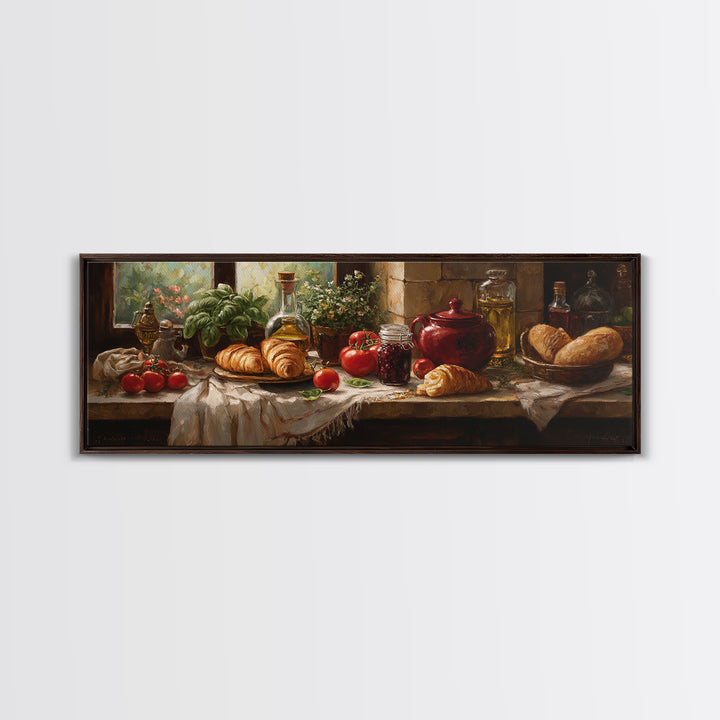 Fresh Croissants and Jam on a Linen Canvas Print, Bed and Breakfast Art, Farmhouse Wall Art, Living Room Decor, BAB-3x1-90