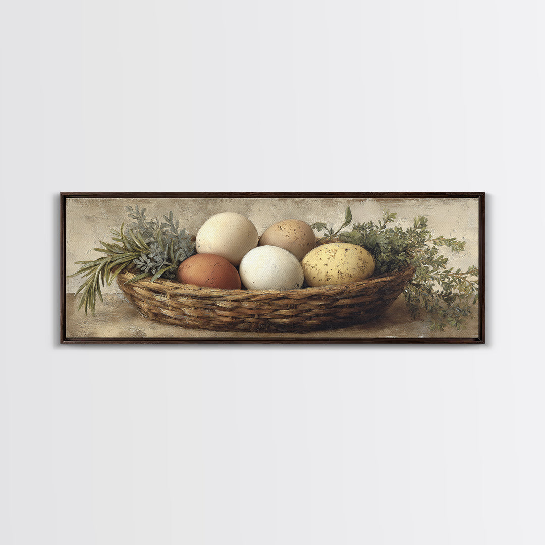 Fresh Eggs in a Woven Basket with Canvas Print, Bed and Breakfast Art, Coffee Art, Living Room Decor, Watercolor Art, BAB-3x1-94