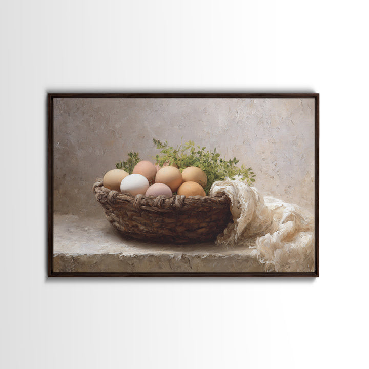 Fresh Eggs in a Woven Basket with Framed Canvas Print, Bed and Breakfast Art, Bed, Living Room Decor, Fine Art, BAB-3x2-10