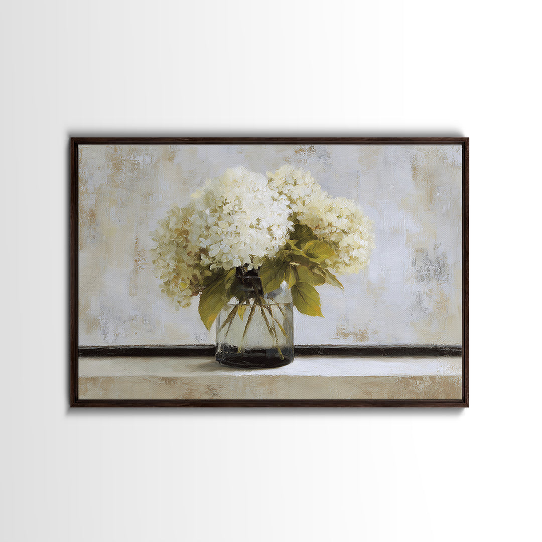 Sunlit Hydrangeas on a Windowsill Framed Canvas Print, Bed and Breakfast Art, Wood Wall Art, Living Room Decor, Fine Art, BAB-3x2-14