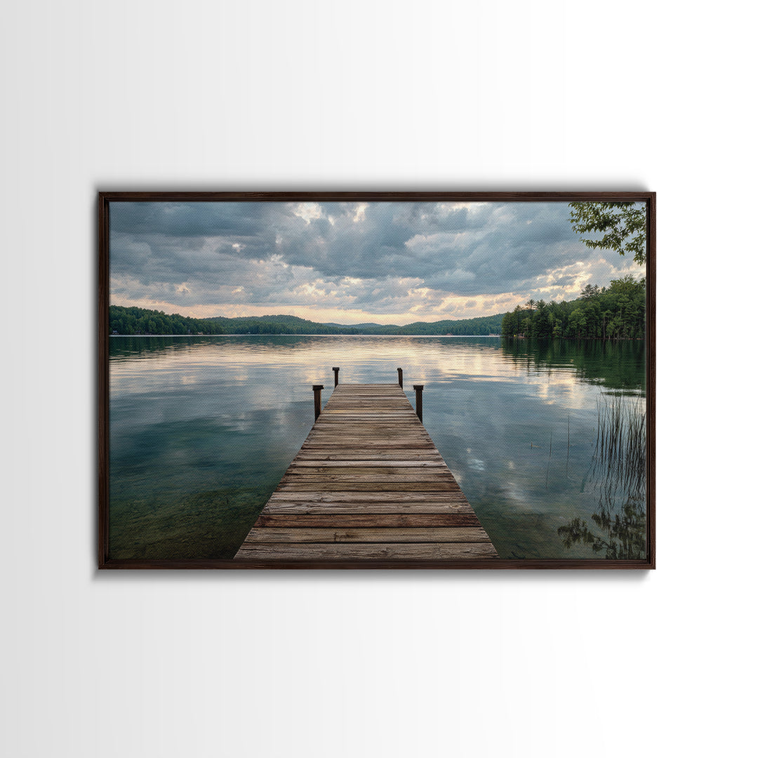 Quiet Lake Dock at Early Morning Framed Canvas Print, Bed and Breakfast Art, Canvas Wall Art, Living Room Decor, Fine Art, BAB-3x2-2