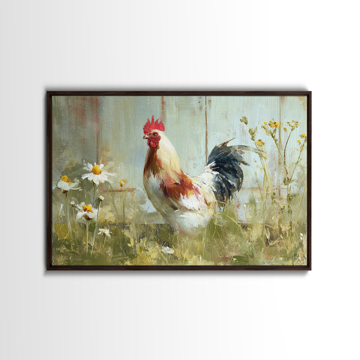 Rooster and Wildflower Country Portrait Canvas Print, Bed and Breakfast Art, Coffee Wall Art, Living Room Decor, BAB-3x2-23