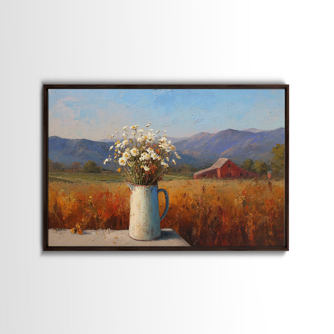 Country Wildflowers in a Chipped Ceramic Pitcher Canvas Print, Bed and Breakfast Art, Modern Decor, Living Room Decor, BAB-3x2-29
