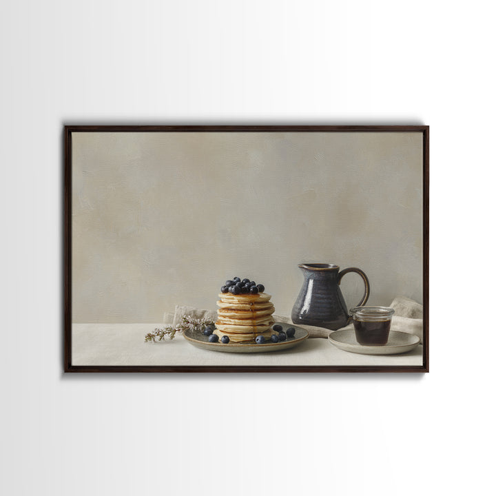 Blueberry Pancakes Still Life Framed Canvas Print, Bed and Breakfast Art, Folk Art, Living Room Decor, Fine Art, BAB-3x2-36