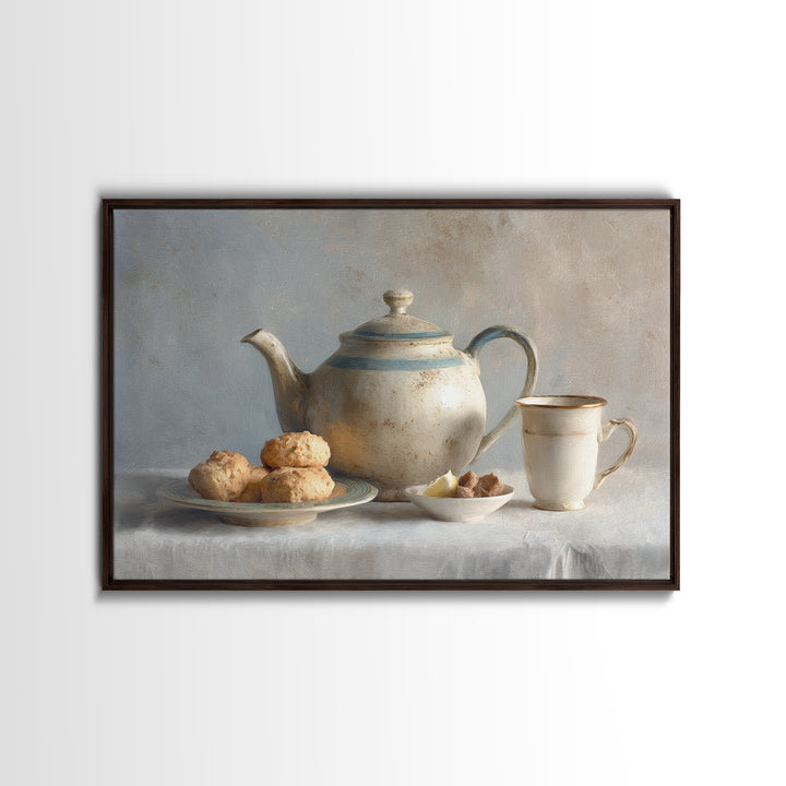 Porcelain Teapot and Scones Framed Canvas Print, Bed and Breakfast Art, Bedroom Art, Living Room Decor, Oil Painting, BAB-3x2-40