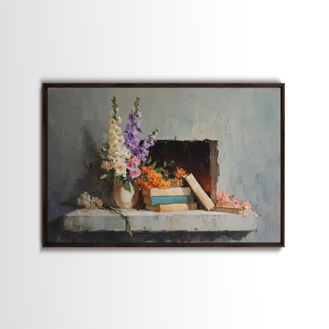 Warm Fireplace Still Life Framed Canvas Print, Bed and Breakfast Art, Bedroom Wall Decor, Living Room Decor, Fine Art, BAB-3x2-46