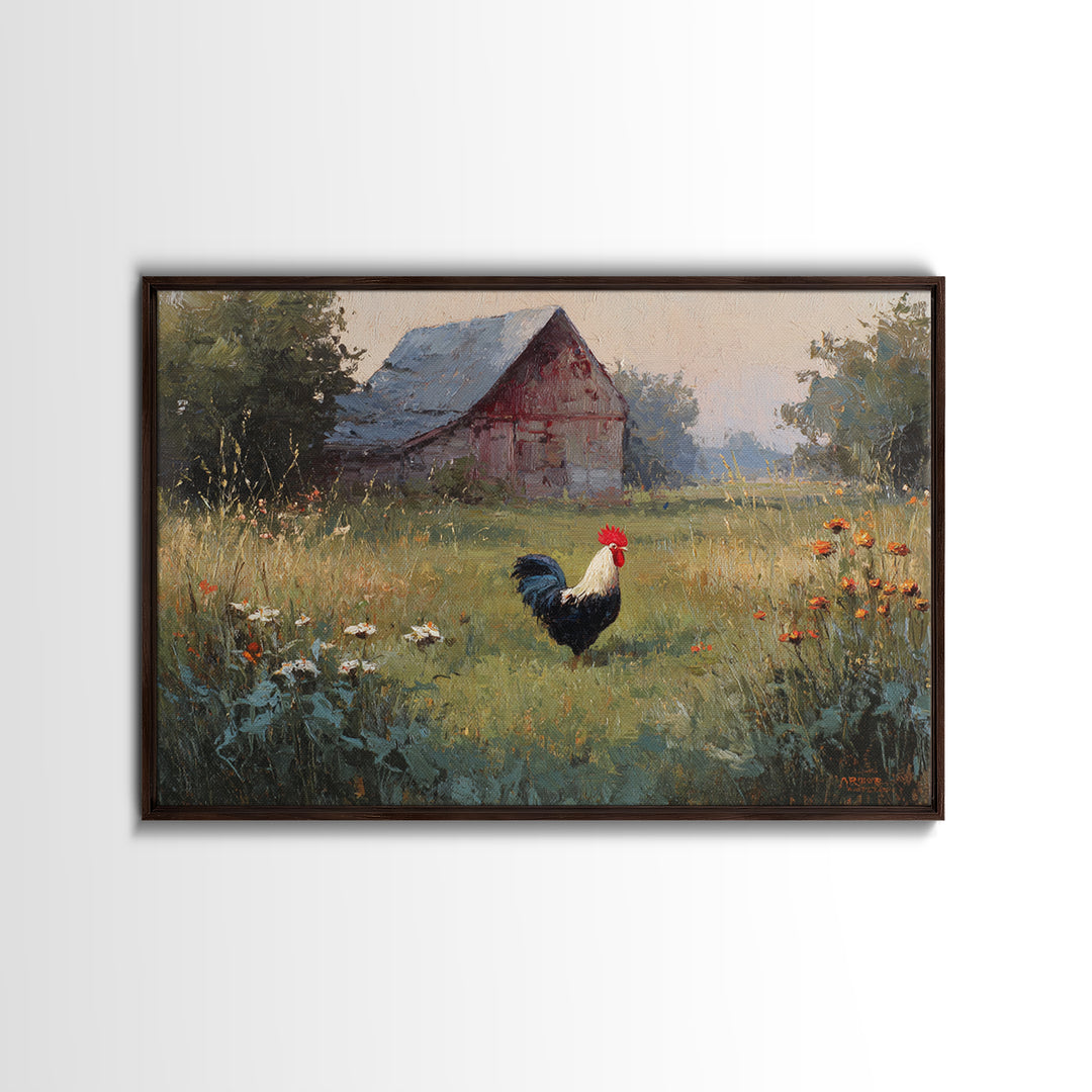 Rooster and Wildflower Country Portrait Framed Canvas Print, Bed and Breakfast Art, Digital Art, Living Room Decor, Fine Art, BAB-3x2-47