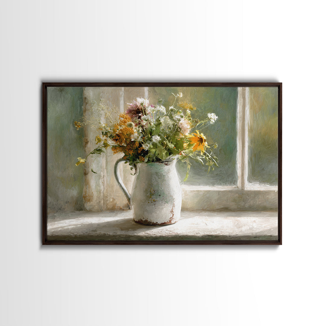 Country Wildflowers in a Chipped Ceramic Pitcher Canvas Print, Bed and Breakfast Art, Coffee Wall Art, Living Room Decor, BAB-3x2-5