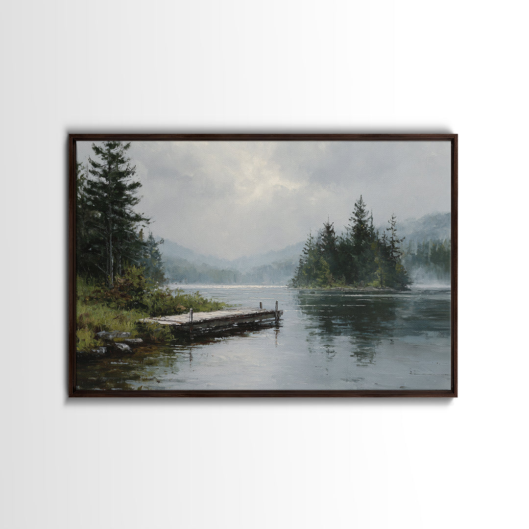 Quiet Lake Dock at Early Morning Framed Canvas Print, Bed and Breakfast Art, Farmhouse Wall Decor, Living Room Decor, Fine Art, BAB-3x2-50