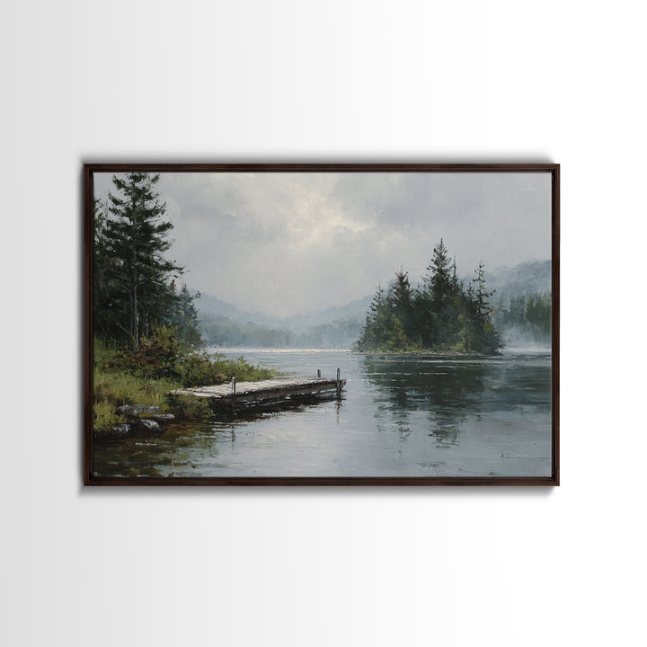 Quiet Lake Dock at Early Morning Framed Canvas Print, Bed and Breakfast Art, Farmhouse Wall Decor, Living Room Decor, Fine Art, BAB-3x2-50