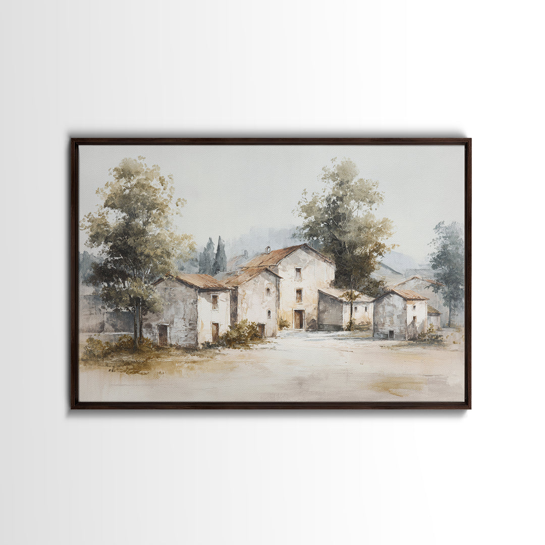 Soft Watercolor Village Street at Dawn Canvas Print, Bed and Breakfast Art, Folk Art, Living Room Decor, Fine Art, BAB-3x2-57
